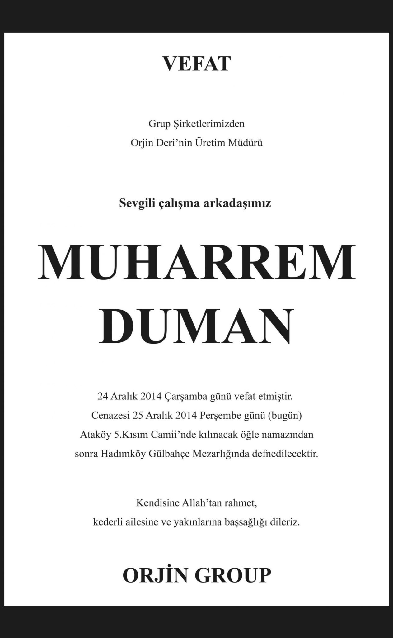 Hürriyet tam sayfa vefat ilan