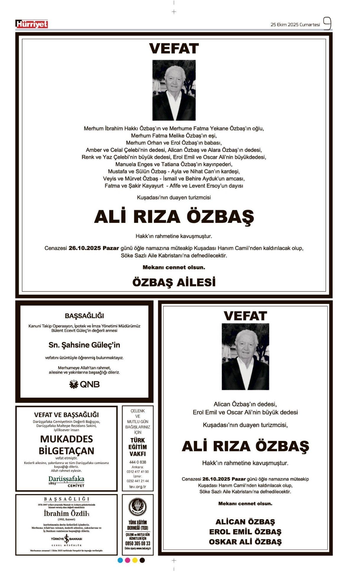 Hürriyet Bugünkü Vefat (Ölüm) – Başsağlığı – Anma – Teşekkür – Mevlit İlanları-25.10.2025