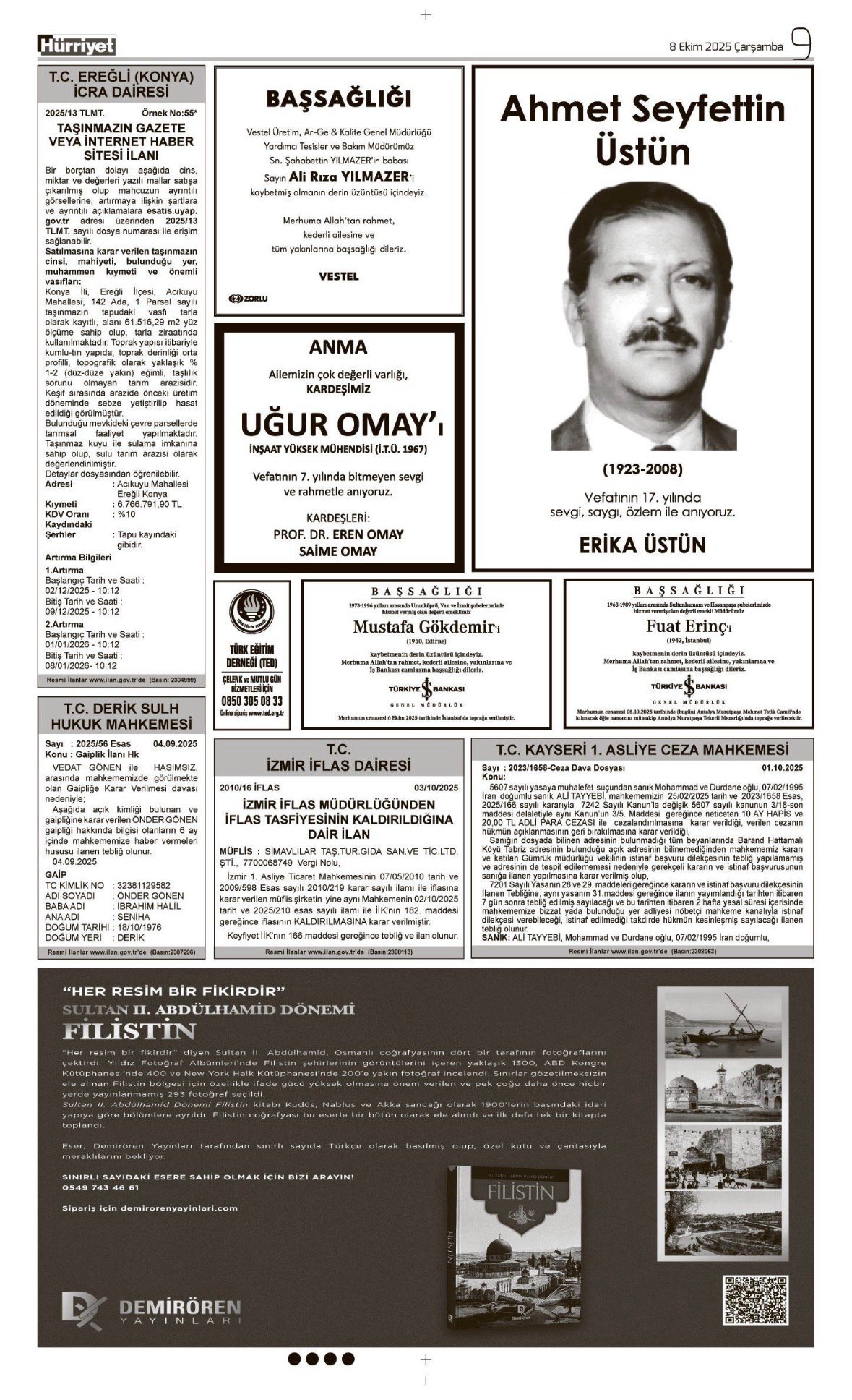 Hürriyet Bugünkü Vefat (Ölüm) – Başsağlığı – Anma – Teşekkür – Mevlit İlanları-8.10.2025